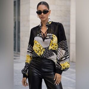 Bisou Bisou Semi Sheer Abstract Geometric Blouse Lace Up Y2K Chic Large